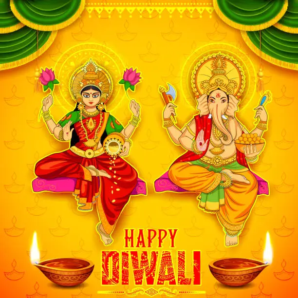 Vector illustration of Goddess Lakshmi and Lord Ganesha on happy Diwali Holiday doodle