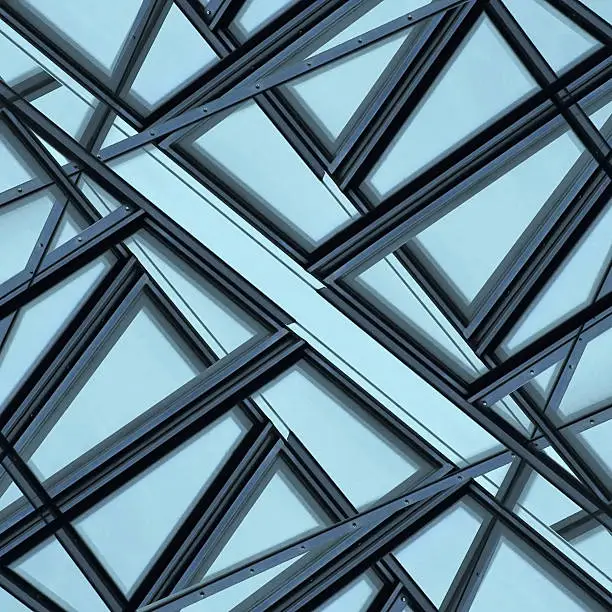 Glass-and-aluminum structure of windows. Closeup of contemporary office building. Fragment of hi-tech architecture within business cityscape. Abstract polygonal pattern. Industrial motif.