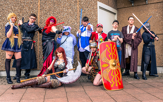 Sheffield, United Kingdom - June 11, 2016: Group of cosplayers posing at the Yorkshire Cosplay Convention at Sheffield Arena