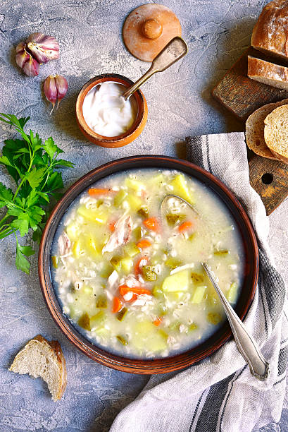 istock Rassolnik - traditional russian soup with pickled cucumber.Top view. 615631452