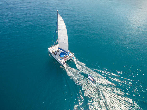 Aerial view of sailing boats walking on the sea Aerial view of sailing boats walking on the sea in Koh Phangan, Thailand catamaran sailing boats stock pictures, royalty-free photos & images