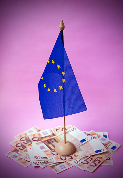 istock Europe Union flag on the Euro notes 615632590