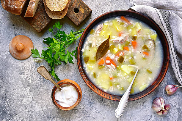 istock Rassolnik - traditional russian soup with pickled cucumber .Top view. 615633114