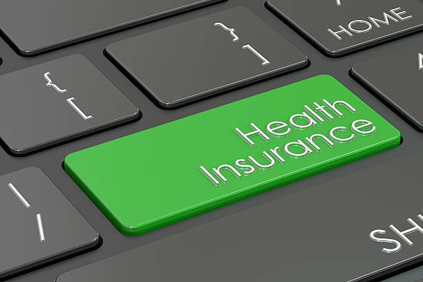 istock health insurance button, green key on  keyboard. 3D rendering 615633738