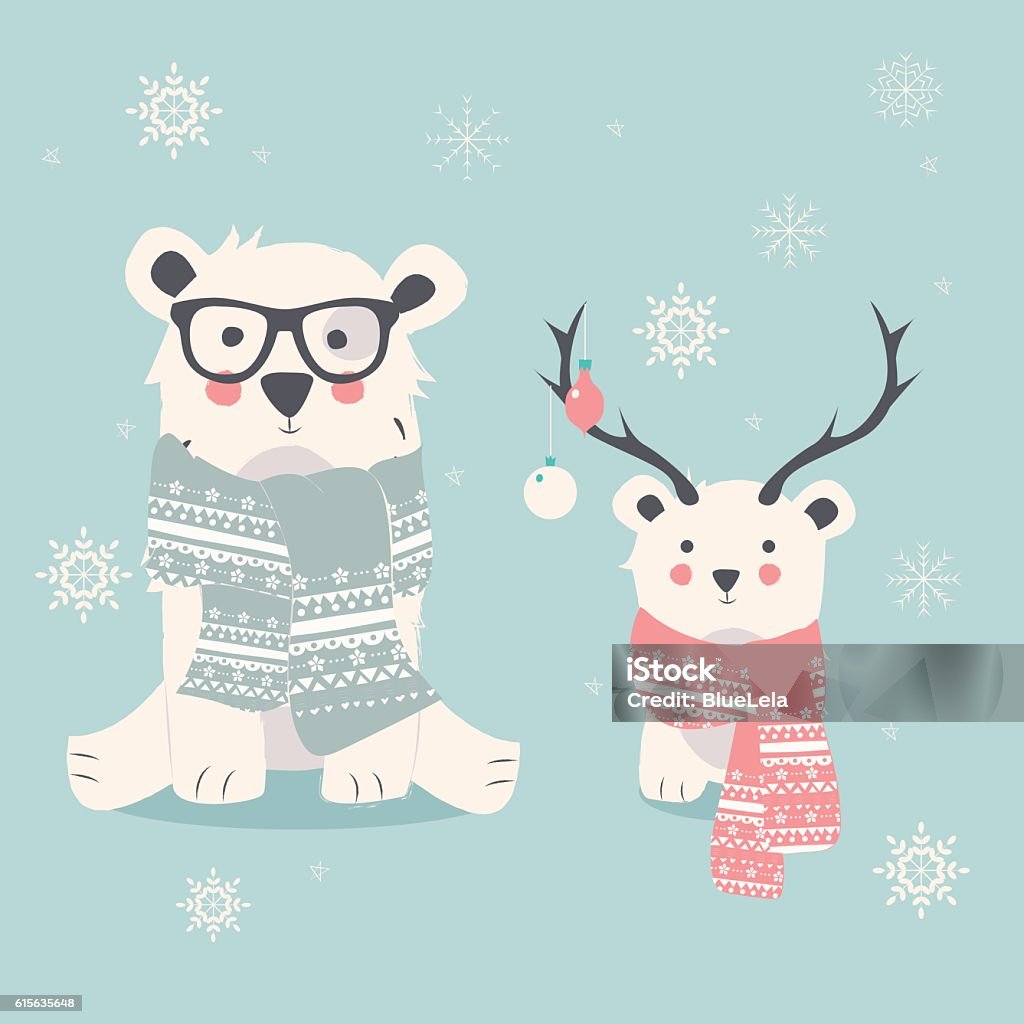Merry Christmas postcard with two polar bears, hipster and cub Merry Christmas postcard with two polar bears, hipster and cub, vector illustration Animal stock vector