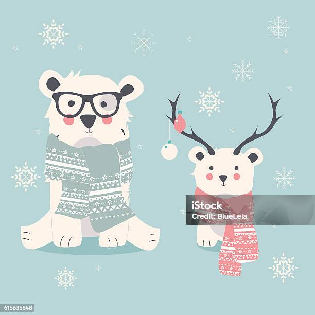 Merry Christmas Postcard With Two Polar Bears Hipster And Cub Stock Illustration - Download Image Now