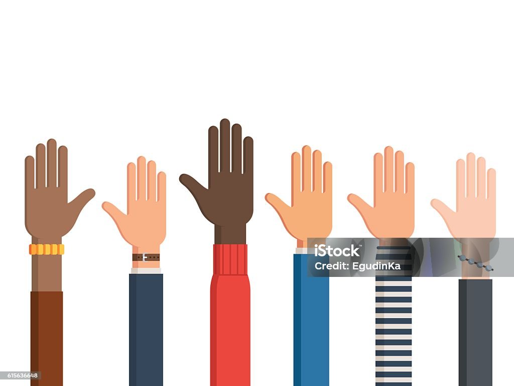 Human hands and one left hand Different human rights hands and one left hand with sleeves and accessories palm up. Vector illustration isolated on white background Reaching stock vector