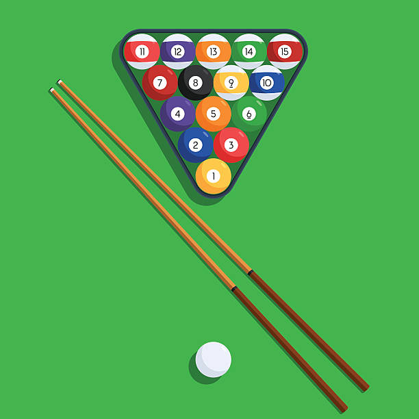 Billiard balls and cue on green background Billiard balls in the triangle rack and cue on green table. Vector illustration of a pool or billiard elements set for web design banner or print card wallpaper stripper stock illustrations