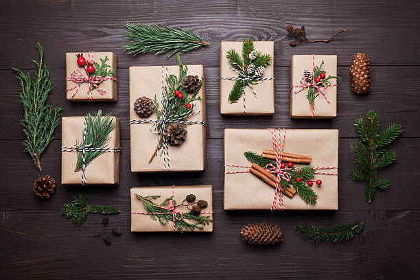 istock Present or gift with christmas decoration and fir. Flat lay. 615638958