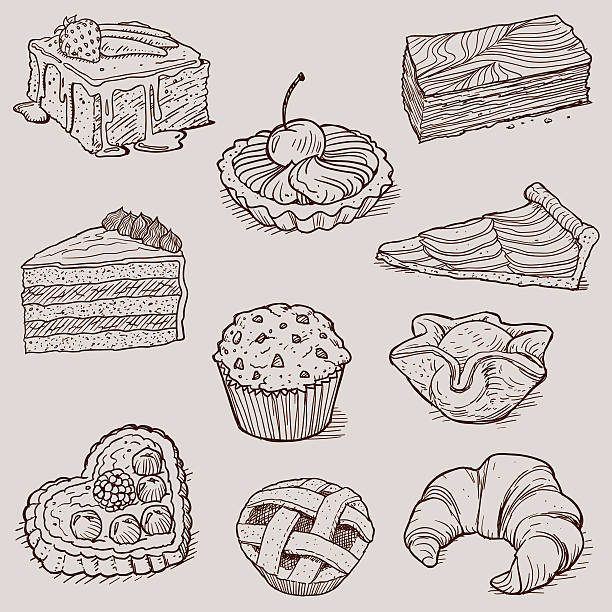 ilustraciones, imágenes clip art, dibujos animados e iconos de stock de colección de postres gourmet y panadería - muffin cupcake cake chocolate