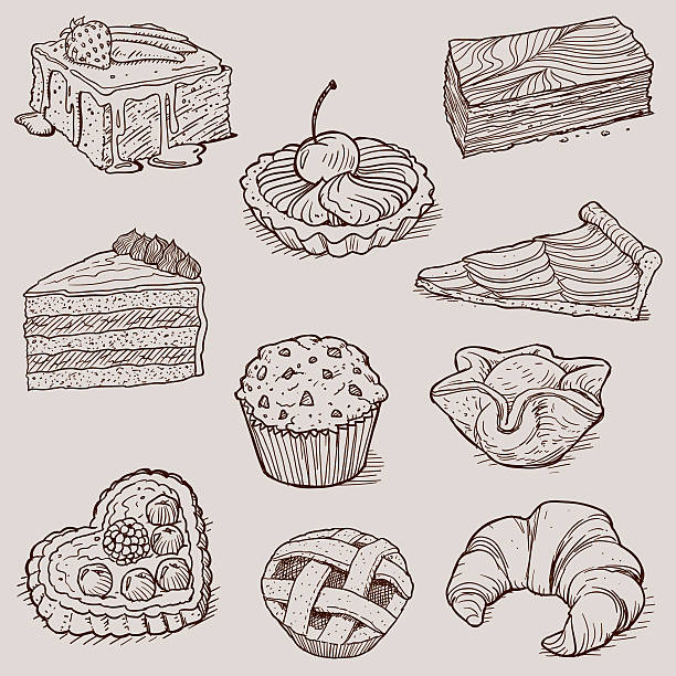 gourmet desserts and bakery collection - pasta illüstrasyonlar stock illustrations
