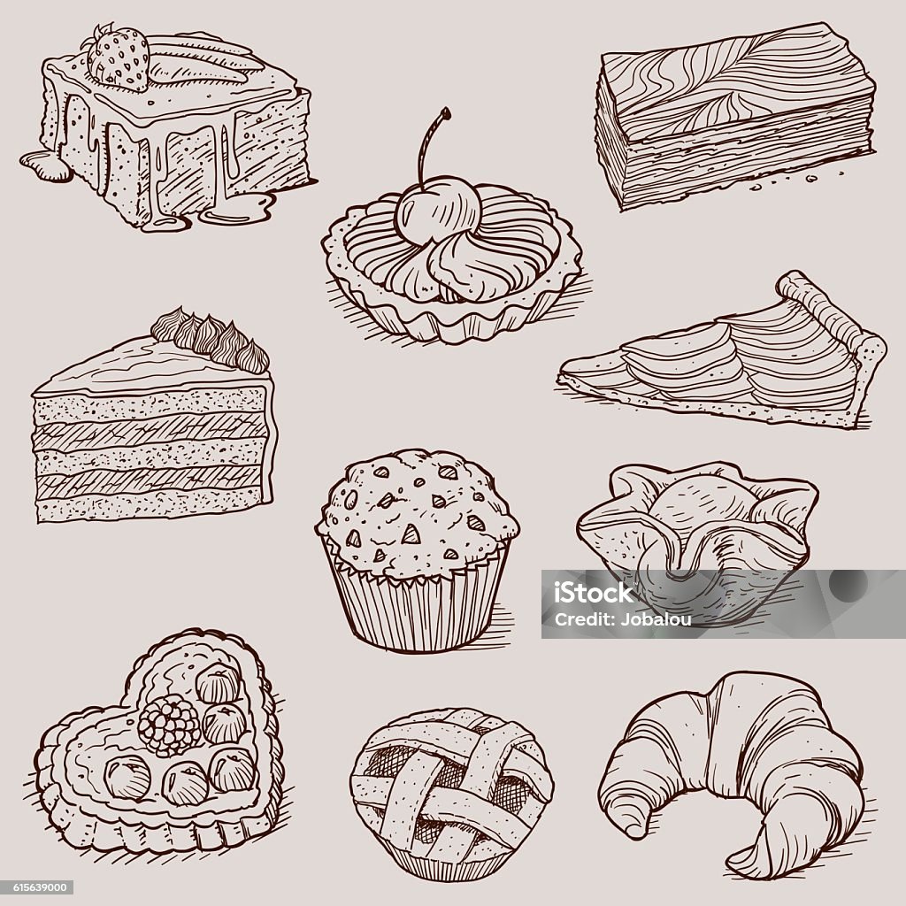 Gourmet Desserts and Bakery Collection Vector illustrations doodles collection about Gourmet Desserts and Bakery Cake stock vector