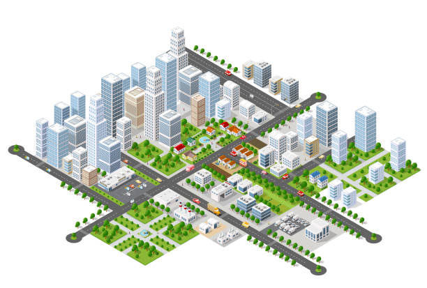 Megapolis 3d isometric Megapolis 3d isometric three-dimensional view of the city. Collection of houses, skyscrapers, buildings, built and supermarkets with streets and traffic. The stock vector town illustrations stock illustrations