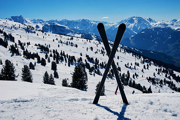 istock Crossed skis at winter resort 615641522