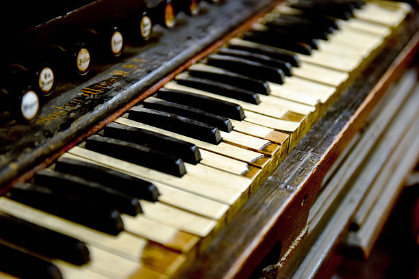 istock Closeup of old piano keyboard 615705496