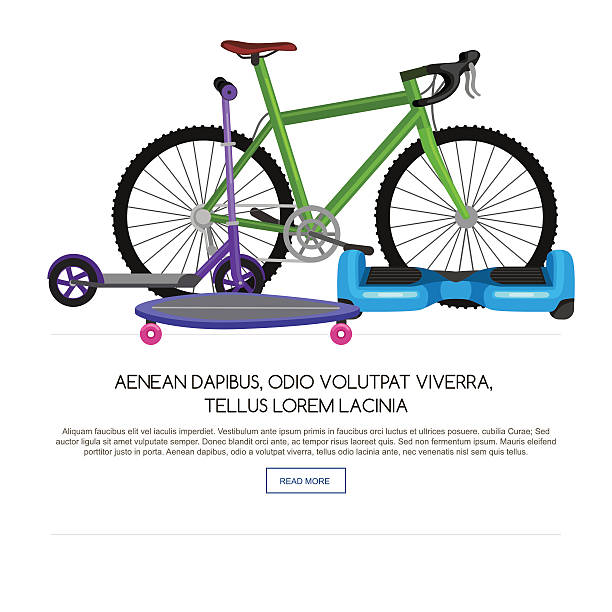 isolated electric scooter, one and two-wheeled mobility vehicle vector isolated electric scooter with power battery, one and two-wheeled mobility electric vehicle vector illustration, Eco alternative city transport. Flat biking and rolling wheels, kick scooter collection a two wheeled self balancing personal transport background stock illustrations