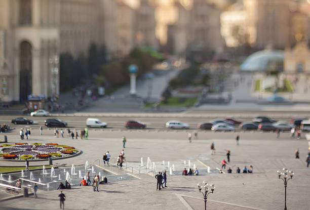 Blurry tilt-shift cityscape. Kiev, Ukraine, Maidan Nezalezhnosti (Independence Square). tilt shift stock pictures, royalty-free photos & images