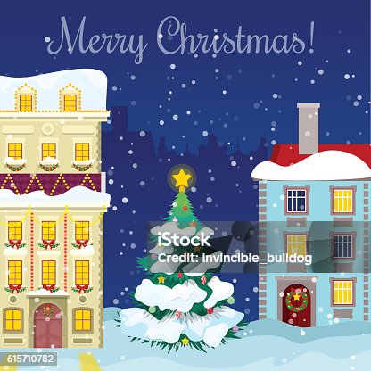 istock Christmas Cityscape with Snowfall, Houses and Christmas Tree Greeting Card 615710782