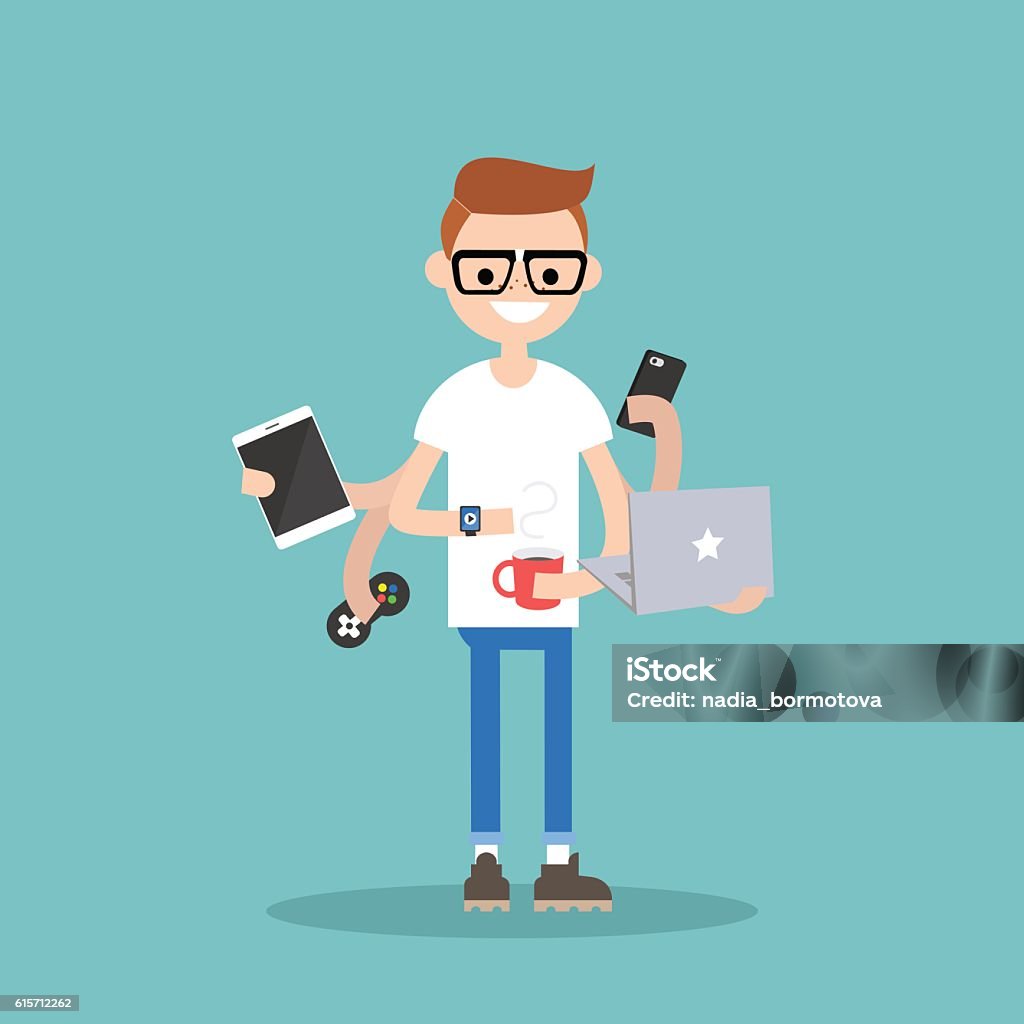 Multitasking millennial concept young nerd using a lot of devices at the same time  / flat editable vector illustration Nerd stock vector