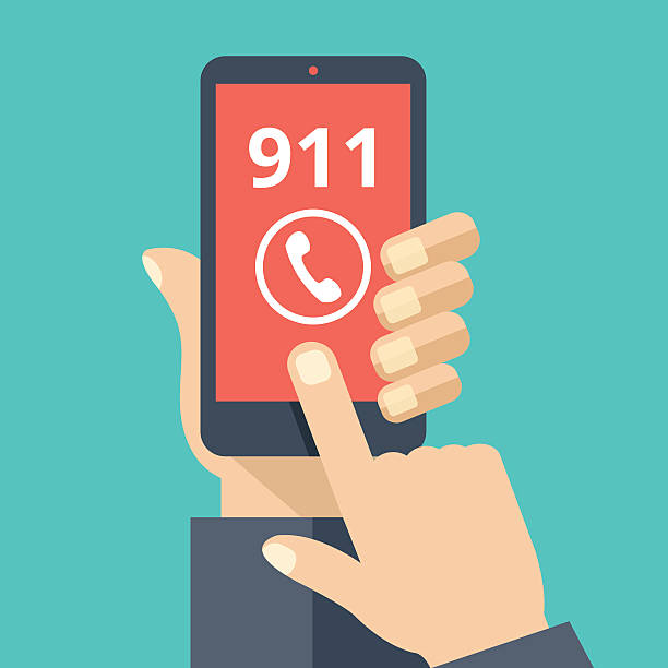 stockillustraties, clipart, cartoons en iconen met call 911, emergency call. hand holding smartphone, touching call button - phone hand thumb