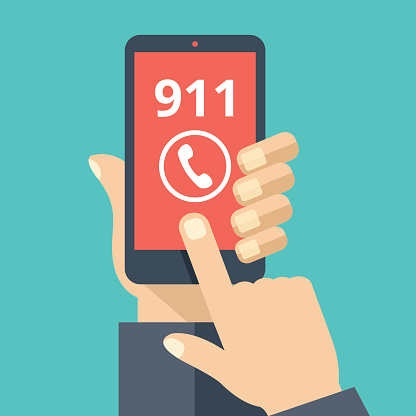 Call 911, emergency call concept. Hand holding smartphone, finger touching call button. Modern flat design vector illustration