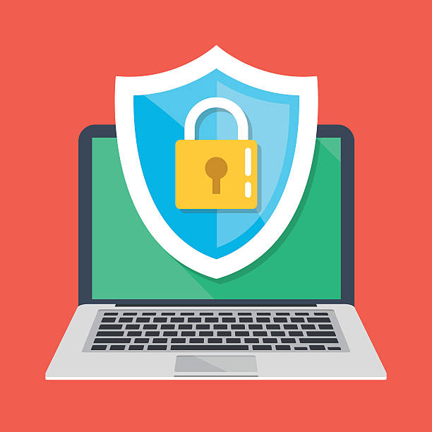 bezpieczeństwo komputera, ochrona laptopa. ikona notebooka i osłony z kłódką - antivirus software obrazy stock illustrations