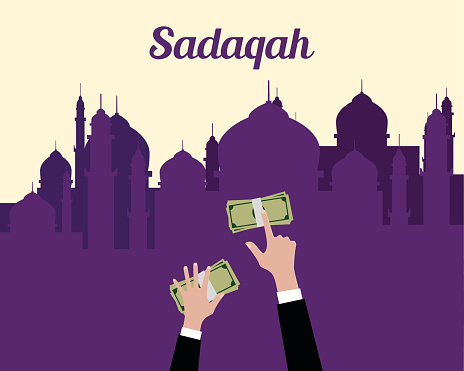 sadaqah concept moslem islam give money with hand view from top with mosque background vector