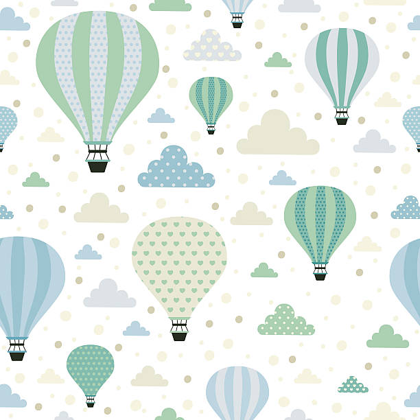 Air balloons. Air balloons. Seamless pattern with cute air balloons and clouds.  All elements are  hidden under mask. Pattern are not cropped and can be edited. Cute vector illustration. Vacation, holiday, travel. balloon patterns stock illustrations