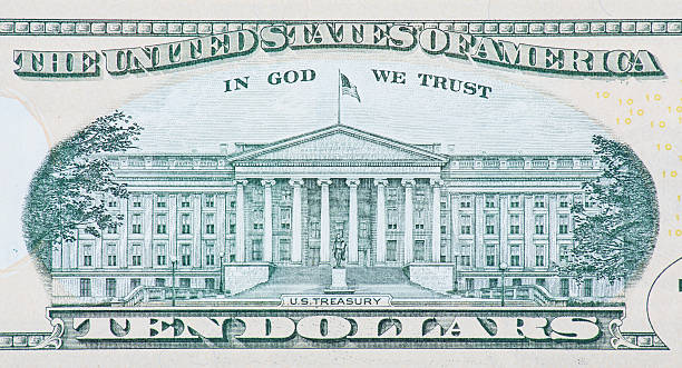 us treasury on back of ten dollar note - us treasury department imagens e fotografias de stock