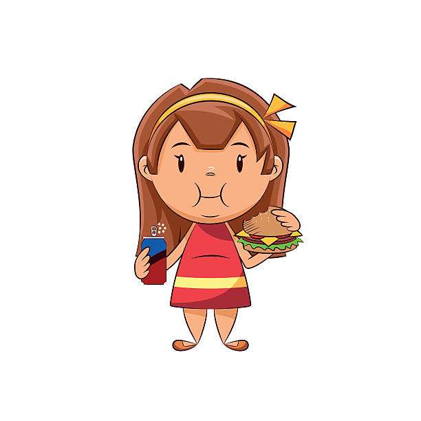 子供の肥満、不健康な食べ物を食べる女の子 - overweight child eating hamburger点のイラスト素材／クリップアート素材／マンガ素材／アイコン素材