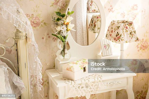 Table With Mirror And Flowers In Provence Style Stock Photo - Download Image Now - Bedroom, Old-fashioned, Retro Style