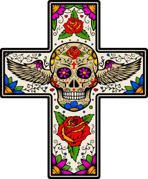 Vector illustration of Cross with winged sugar skull isolated on white background.