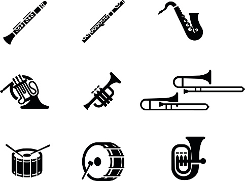 drum, isolated, stick, march, orchestra, beat, music, woodwind, sound, vector, trumpet, percussion, symbol, drumstick, bass, simple, horn, trombone, icon, illustration, snare, rhythm, band, entertainment, parade, piccolo, set, flute, cornet, musical, tuba, play, clarinet, instrument, pictogram, silhouette, saxophone, brass, glyph, french horn, bass drum, marching band