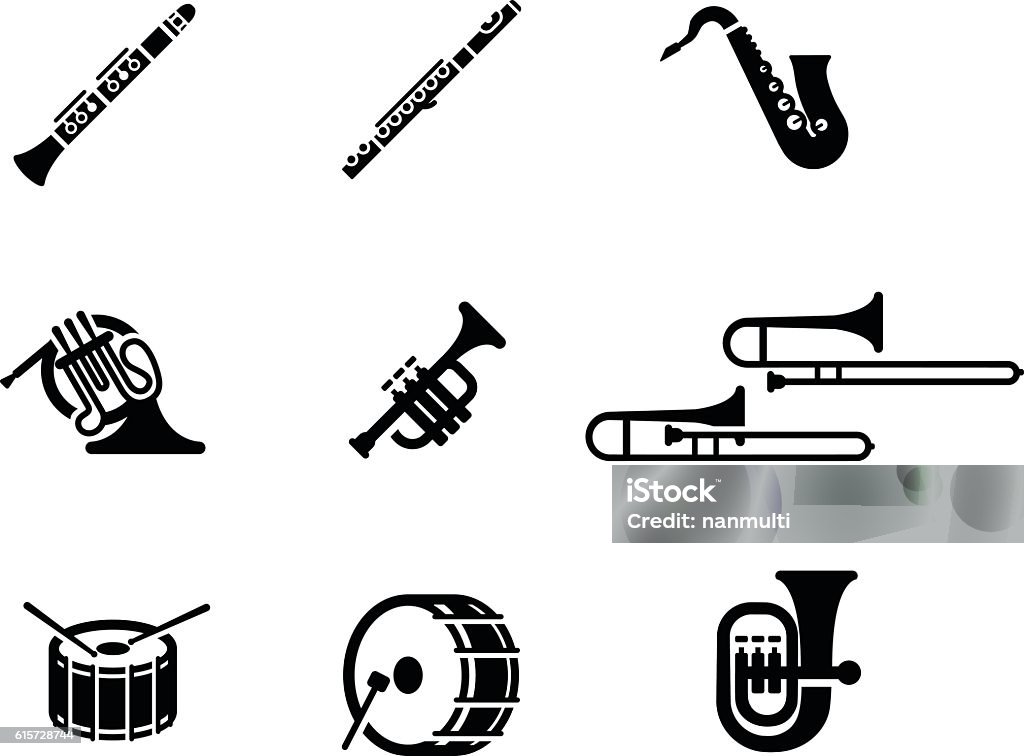 Marching Band Vector Icon Set drum, isolated, stick, march, orchestra, beat, music, woodwind, sound, vector, trumpet, percussion, symbol, drumstick, bass, simple, horn, trombone, icon, illustration, snare, rhythm, band, entertainment, parade, piccolo, set, flute, cornet, musical, tuba, play, clarinet, instrument, pictogram, silhouette, saxophone, brass, glyph, french horn, bass drum, marching band Musical Instrument stock vector