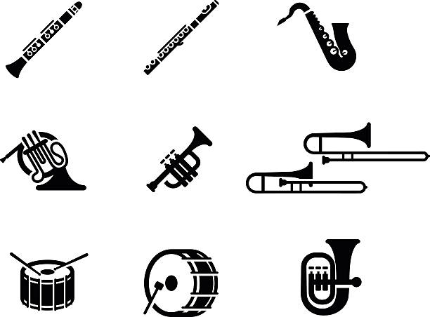 Marching Band Vector Icon Set drum, isolated, stick, march, orchestra, beat, music, woodwind, sound, vector, trumpet, percussion, symbol, drumstick, bass, simple, horn, trombone, icon, illustration, snare, rhythm, band, entertainment, parade, piccolo, set, flute, cornet, musical, tuba, play, clarinet, instrument, pictogram, silhouette, saxophone, brass, glyph, french horn, bass drum, marching band drum percussion instrument stock illustrations
