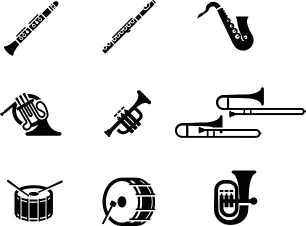 Marching Band Vector Icon Set drum, isolated, stick, march, orchestra, beat, music, woodwind, sound, vector, trumpet, percussion, symbol, drumstick, bass, simple, horn, trombone, icon, illustration, snare, rhythm, band, entertainment, parade, piccolo, set, flute, cornet, musical, tuba, play, clarinet, instrument, pictogram, silhouette, saxophone, brass, glyph, french horn, bass drum, marching band brass instrument stock illustrations