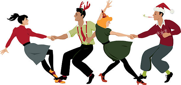 Christmas dance party Two couples in holidays attire and party hats  dancing lindy hop or swing in formation, EPS 8 vector illustration lindy hop stock illustrations