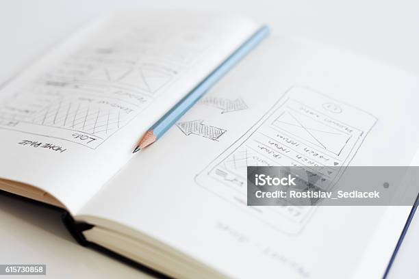 Bleistift Liegt Auf Einem Offenen Tagebuch Stockfoto und mehr Bilder von Skizze - Skizze, Internetseite, Mobile Anwendung