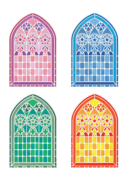 Stained glass window stencils Stained glass window stencils in four colour variations. EPS10 vector format church borders stock illustrations