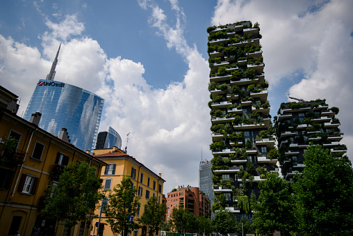 Milan, Italy - June 28, 2016: Bosco Verticale (Vertical Forest) is a pair of residential towers in the Porta Nuova district of Milan, Italy.