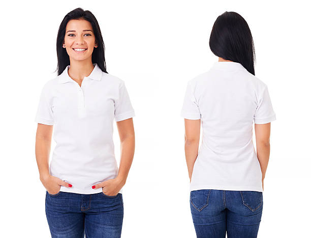 happy woman in white polo shirt - europese etniciteit stockfoto's en -beelden