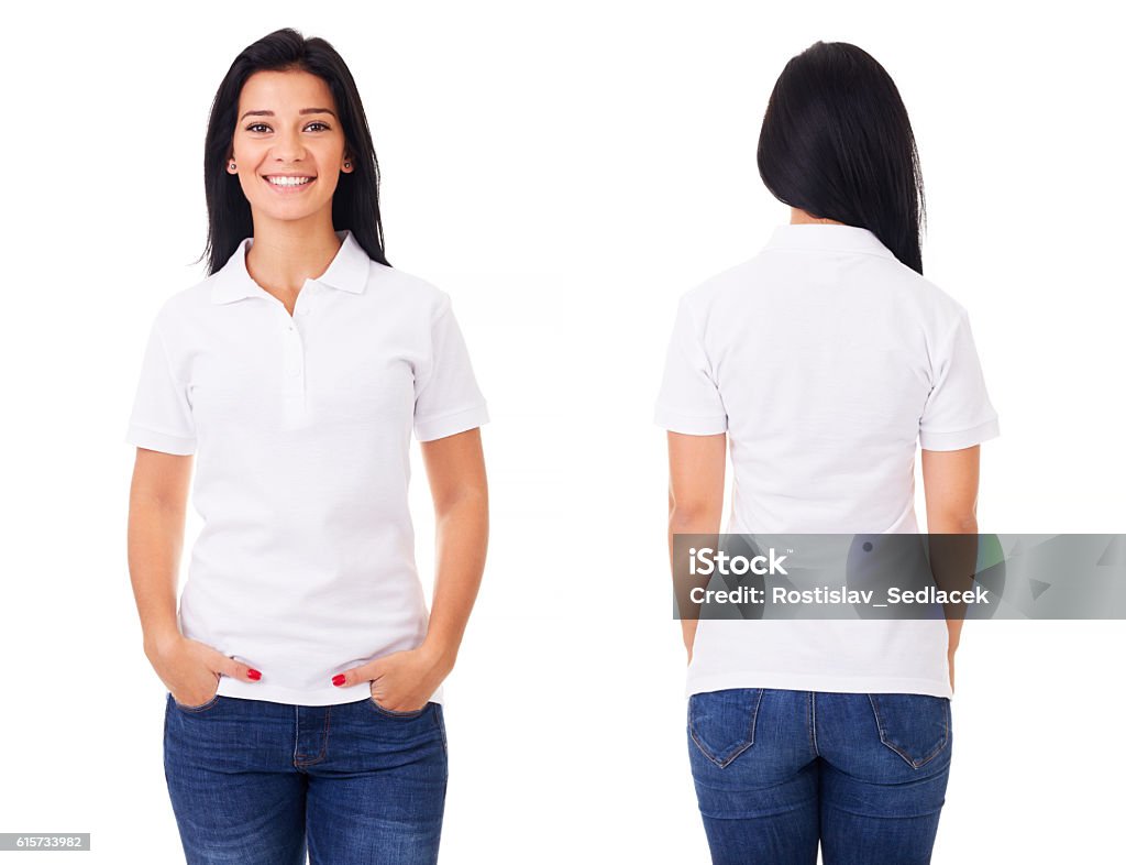 Happy woman in white polo shirt Young woman in white polo shirt on white background Polo Shirt Stock Photo