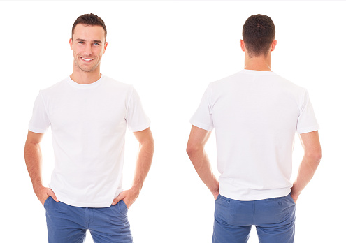 Happy man in white t-shirt on white background