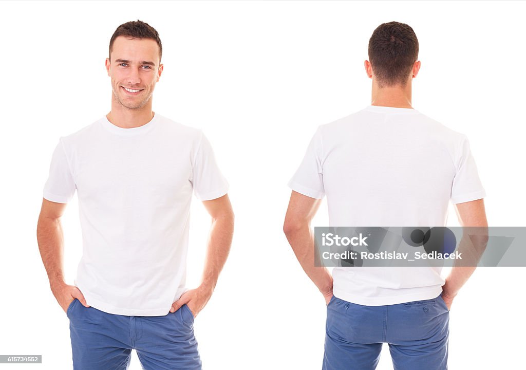 Happy man in white t-shirt Happy man in white t-shirt on white background T-Shirt Stock Photo