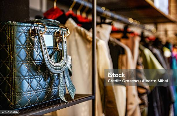 Handbags And Clothes In A Fashion Store Stock Photo - Download Image Now - Luxury, Retail, Boutique