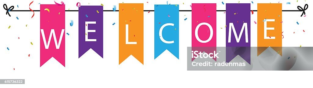 Welcome sign with colorful bunting flags and confetti Vector Illustration of Welcome sign with colorful bunting flags and confetti Welcome Sign stock vector