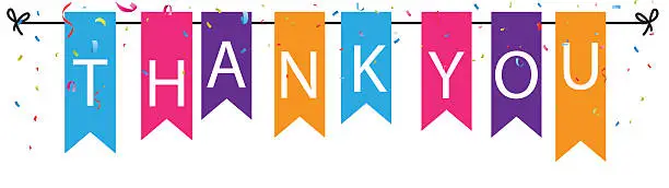Vector illustration of Thank you sign with colorful bunting flags and confetti background