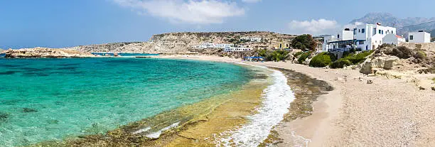 Beautiful Lefkos beach consists of three coves with white sandy beaches and crystalline waters. Karpathos island. Greece.