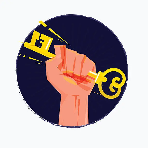 Vector illustration of fist hand with key. power of success or entrance concept