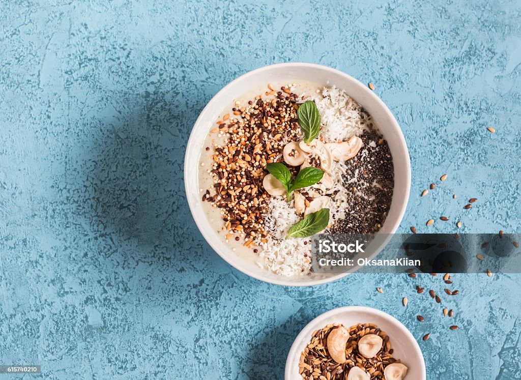 Super food smoothie bowl. Healthy Breakfast Flax Seed Stock Photo